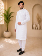 Men’s White Cotton Chikankari Kurta | Full All Over Jaal Work Lucknowi Embroidered Kurta | Tazaki Fashion