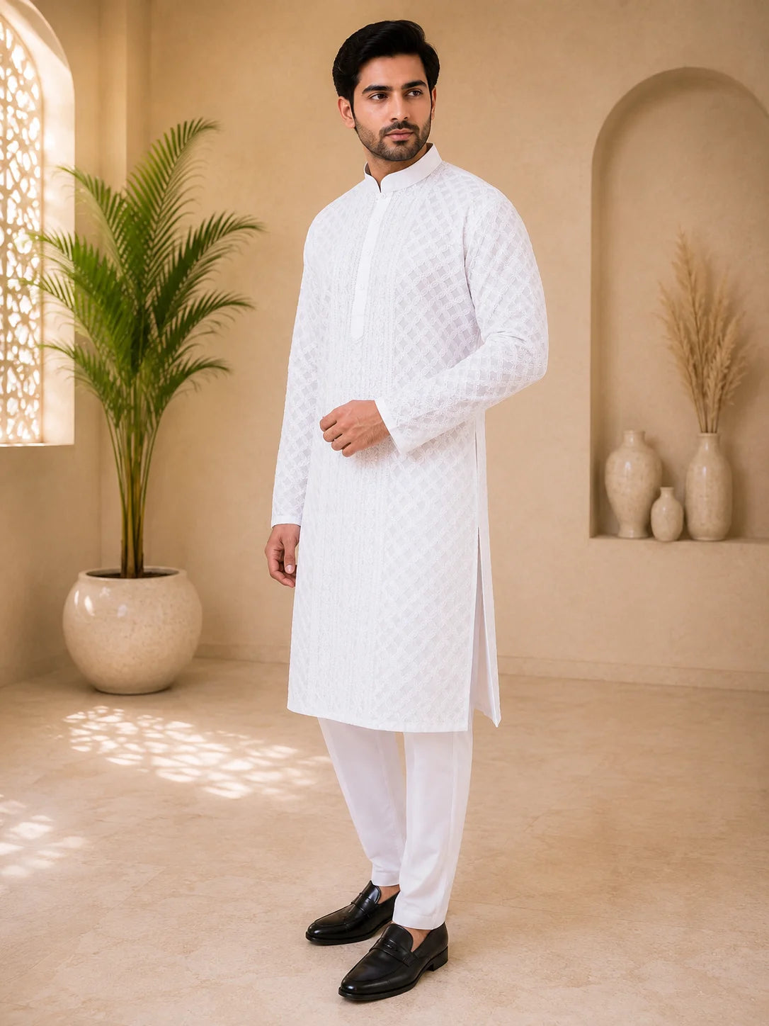 Men’s White Cotton Chikankari Kurta | Full All Over Jaal Work Lucknowi Embroidered Kurta | Tazaki Fashion