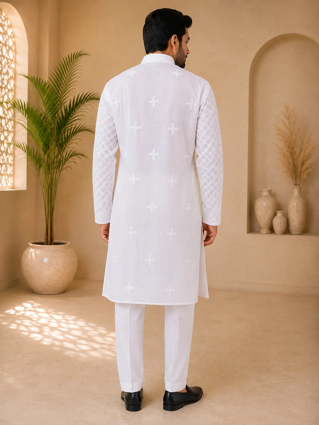 Men’s White Cotton Chikankari Kurta | Full All Over Jaal Work Lucknowi Embroidered Kurta | Tazaki Fashion