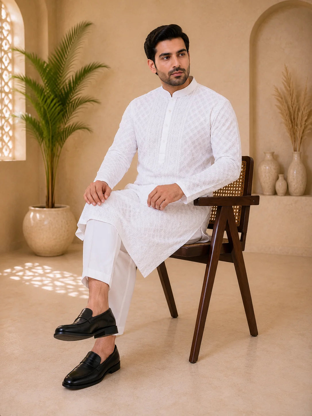 Men’s White Cotton Chikankari Kurta | Full All Over Jaal Work Lucknowi Embroidered Kurta | Tazaki Fashion
