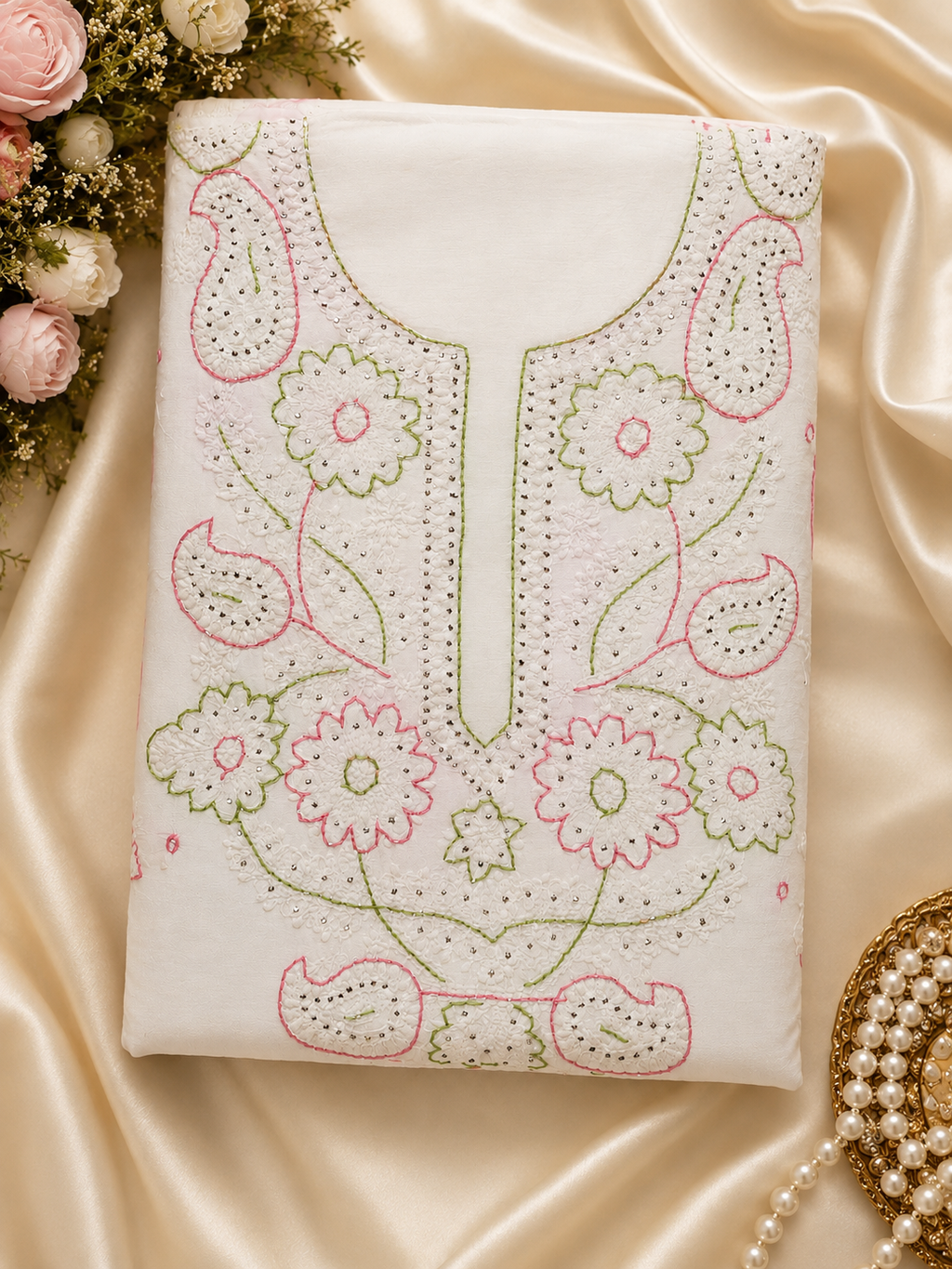 Premium White Muslin Chikankari Suit Fabric | Hand Embroidered Floral & Paisley Mukesh Work