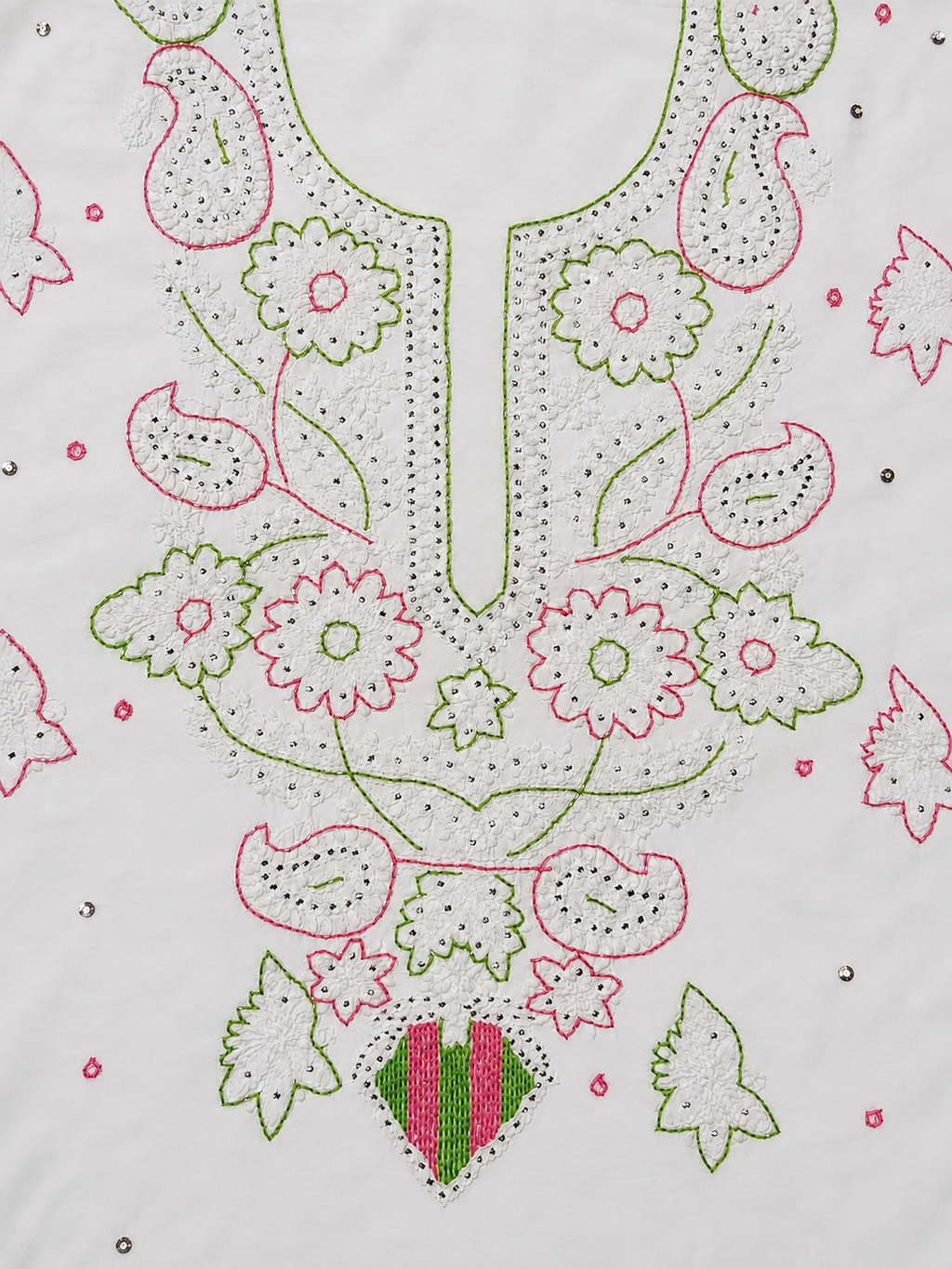 Premium White Muslin Chikankari Suit Fabric | Hand Embroidered Floral & Paisley Mukesh Work