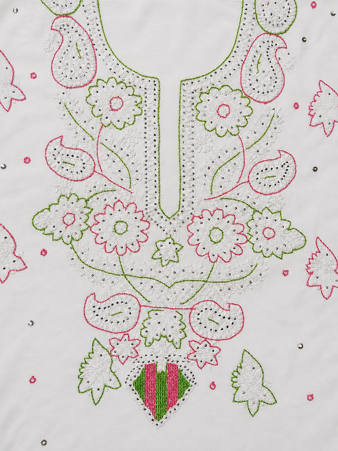Premium White Muslin Chikankari Suit Fabric | Hand Embroidered Floral & Paisley Mukesh Work
