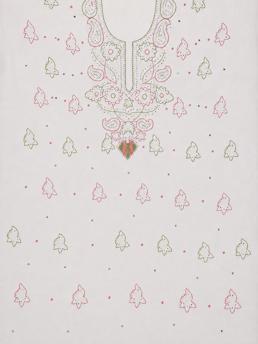 Premium White Muslin Chikankari Suit Fabric | Hand Embroidered Floral & Paisley Mukesh Work