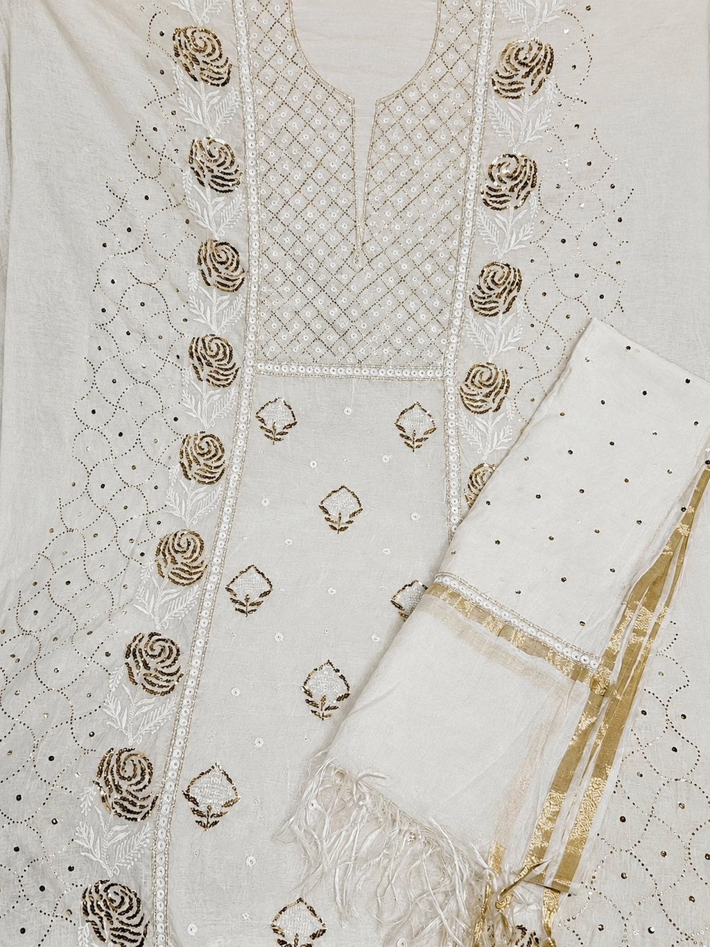 Premium Ivory Mul Chanderi Embroidered Kurta Dupatta Set for Women