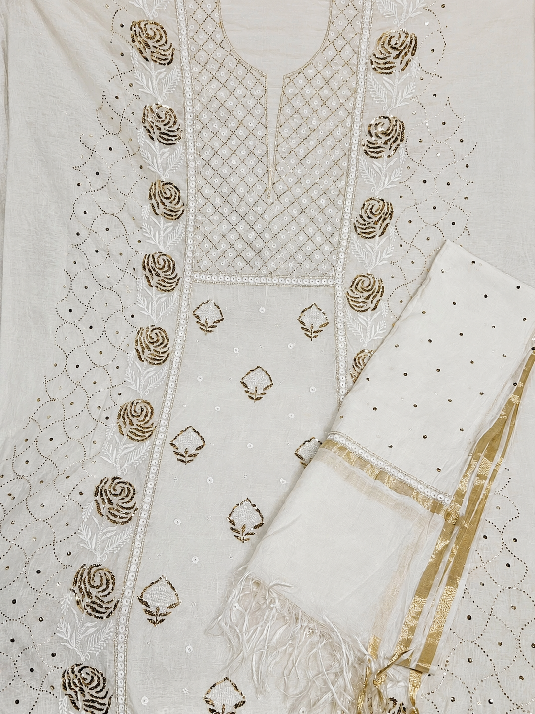 Premium Ivory Mul Chanderi Embroidered Kurta Dupatta Set for Women