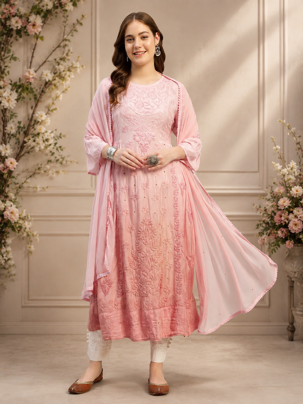 Premium Pink Embroidered Muslin Suit Set with Dupatta | Elegant Floral Embroidery