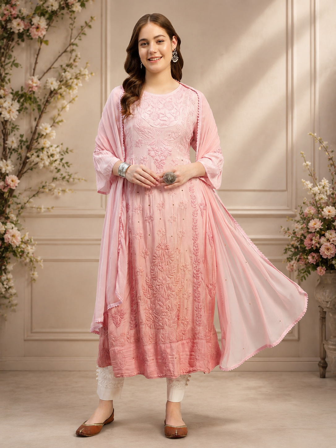 Premium Pink Embroidered Muslin Suit Set with Dupatta | Elegant Floral Embroidery