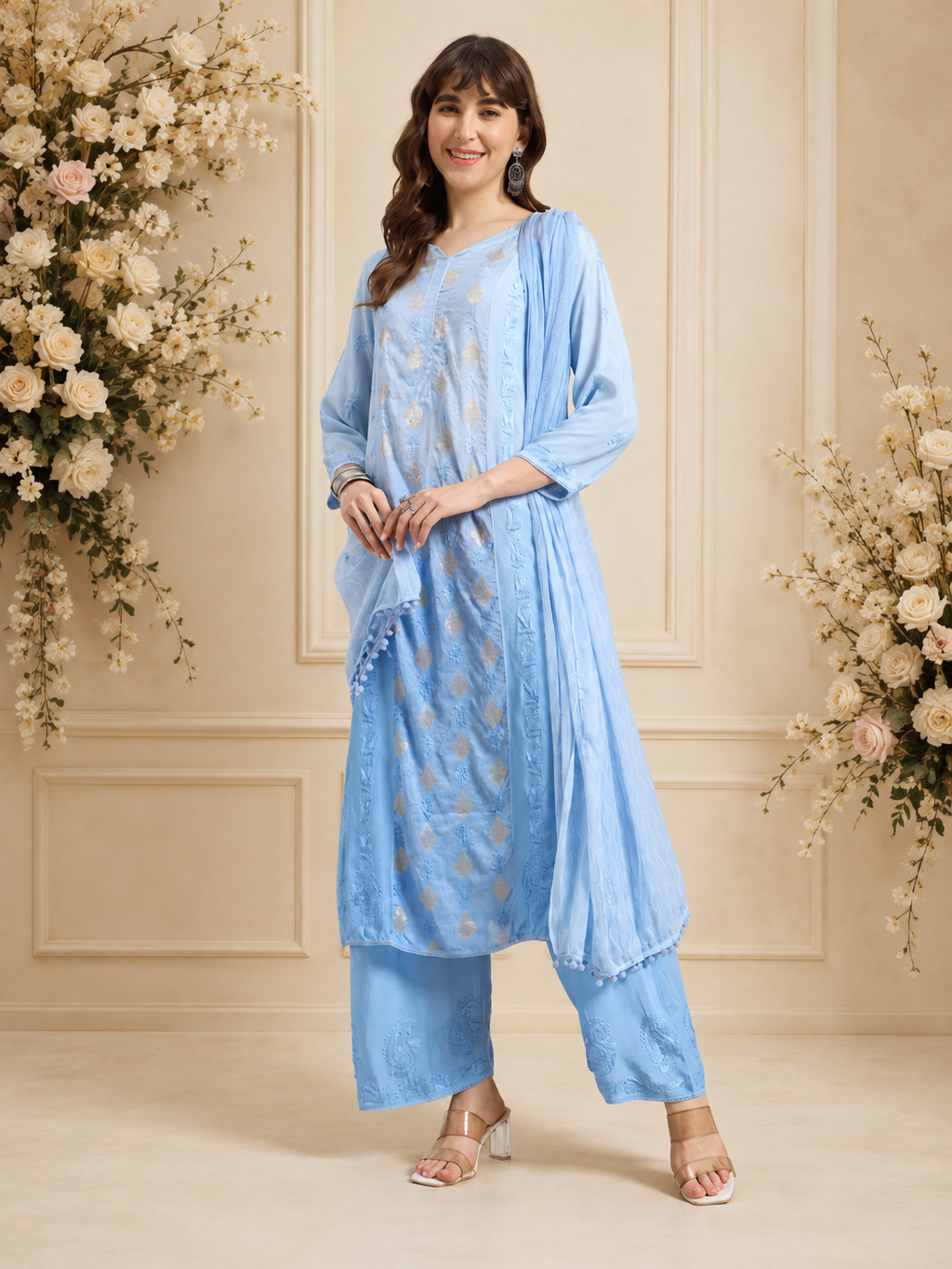 Luxury Sky Blue Chanderi Handwork Kurta Palazzo Set with Dupatta for Women | Premium Designer Ethnic Wear