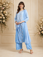 Luxury Sky Blue Chanderi Handwork Kurta Palazzo Set with Dupatta for Women | Premium Designer Ethnic Wear