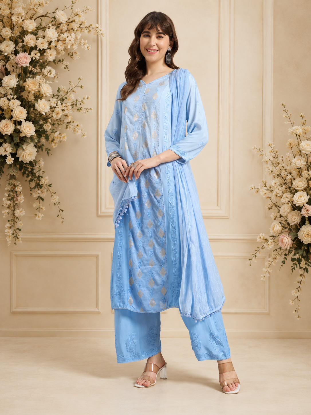 Luxury Sky Blue Chanderi Handwork Kurta Palazzo Set with Dupatta for Women | Premium Designer Ethnic Wear