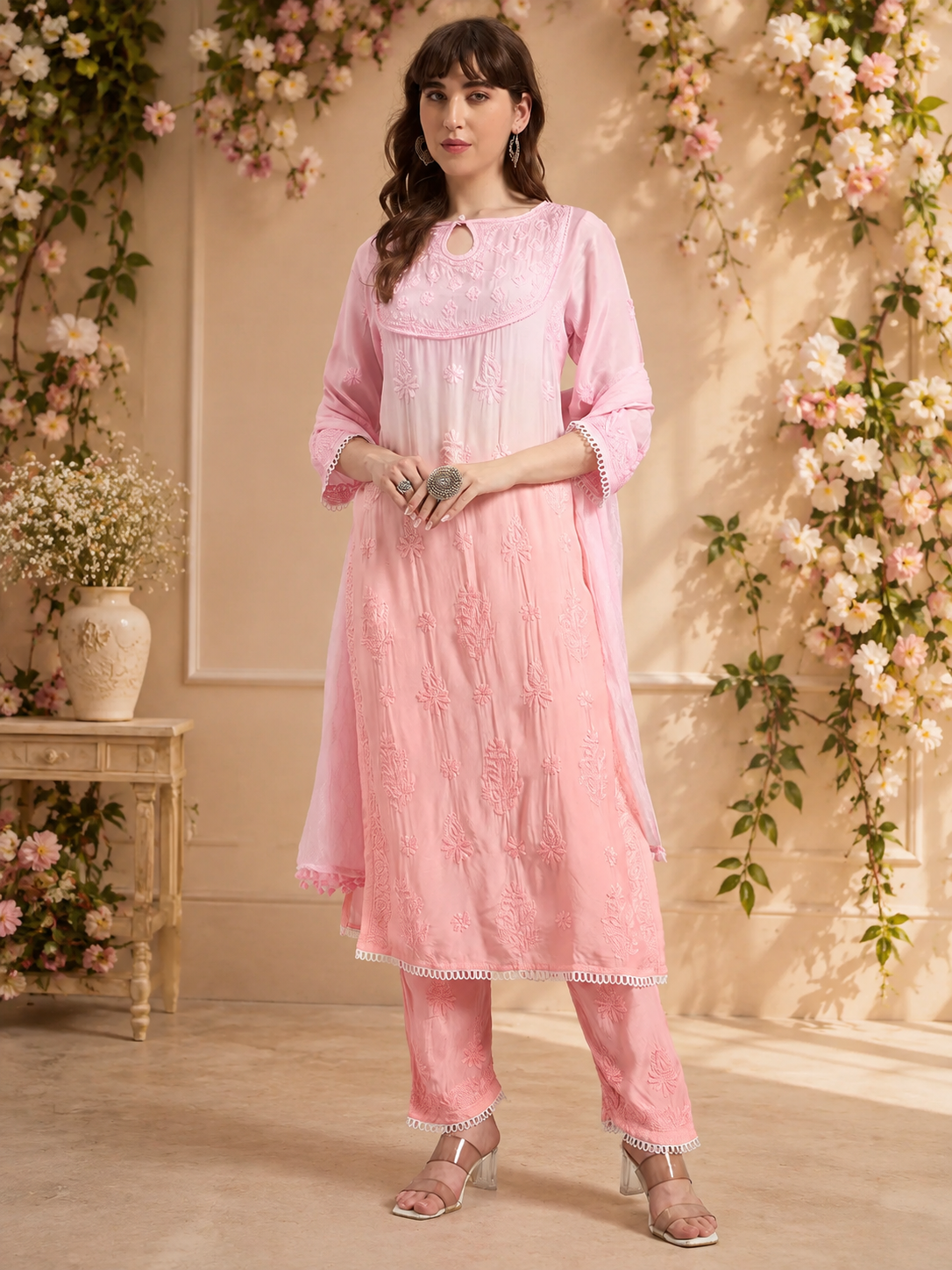 Pastel Ombre Muslin Handwork Kurta Palazzo Set with Dupatta for Women | Luxury Designer Ethnic Wear