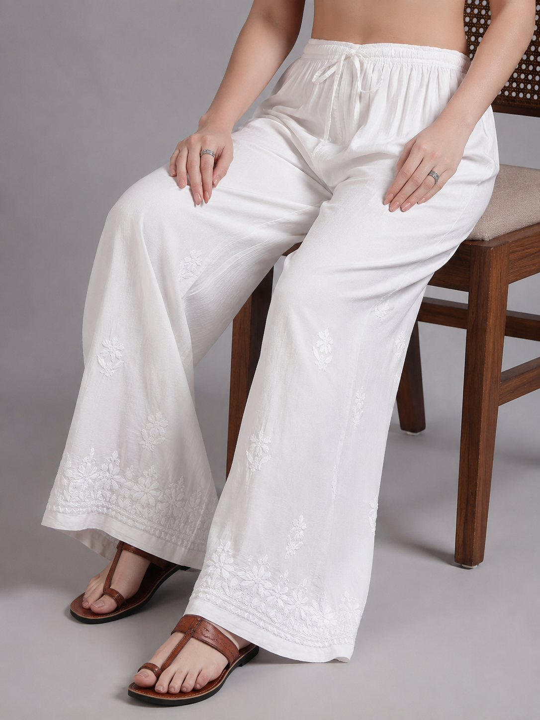 Luxury White Chikankari Embroidered Palazzo for Women | Premium Designer Ethnic Bottom Wear