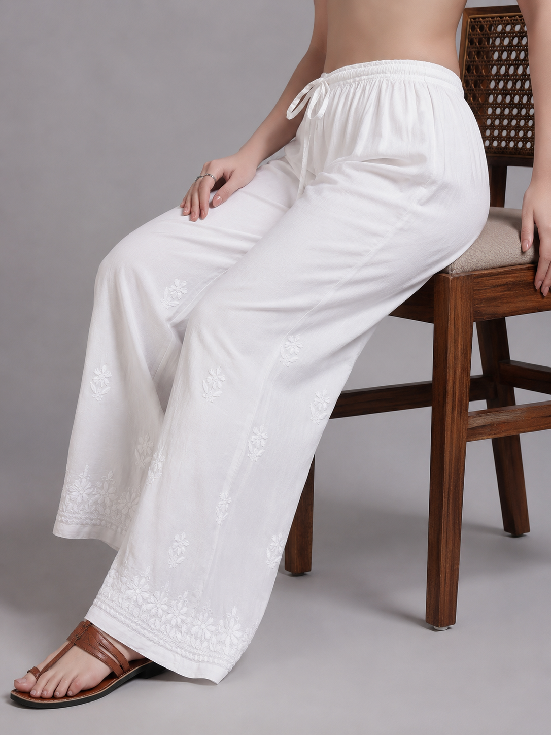 Luxury White Chikankari Embroidered Palazzo for Women | Premium Designer Ethnic Bottom Wear