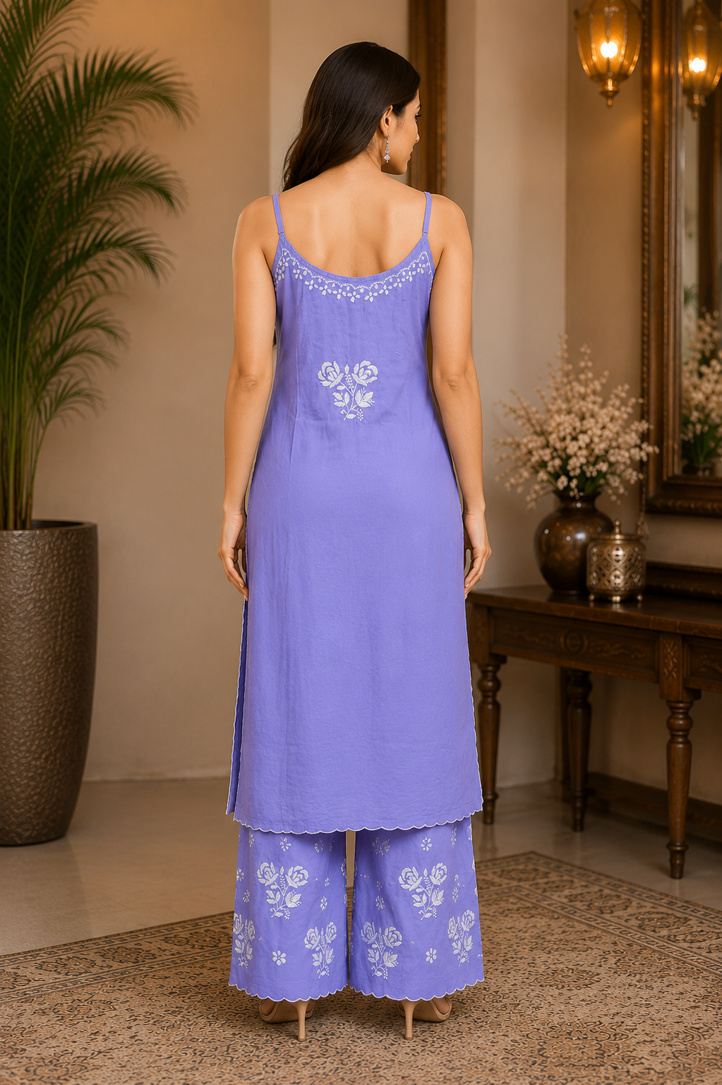 Premium Modal Chikankari Strap Kurta Palazzo Set for Women | Handcrafted Embroidered Co-Ord Set