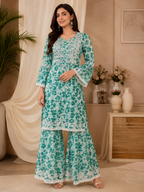 Premium Floral Printed Cotton Kurti Palazzo Set for Women | Elegant Embroidered Ethnic Ensemble