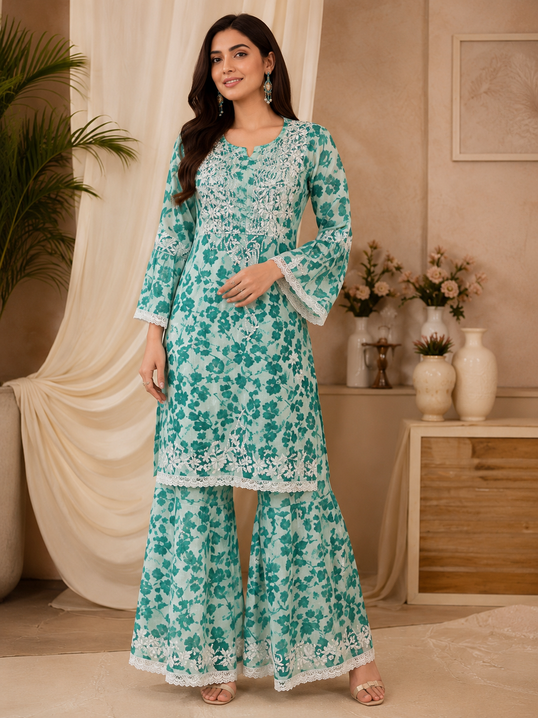 Premium Floral Printed Cotton Kurti Palazzo Set for Women | Elegant Embroidered Ethnic Ensemble