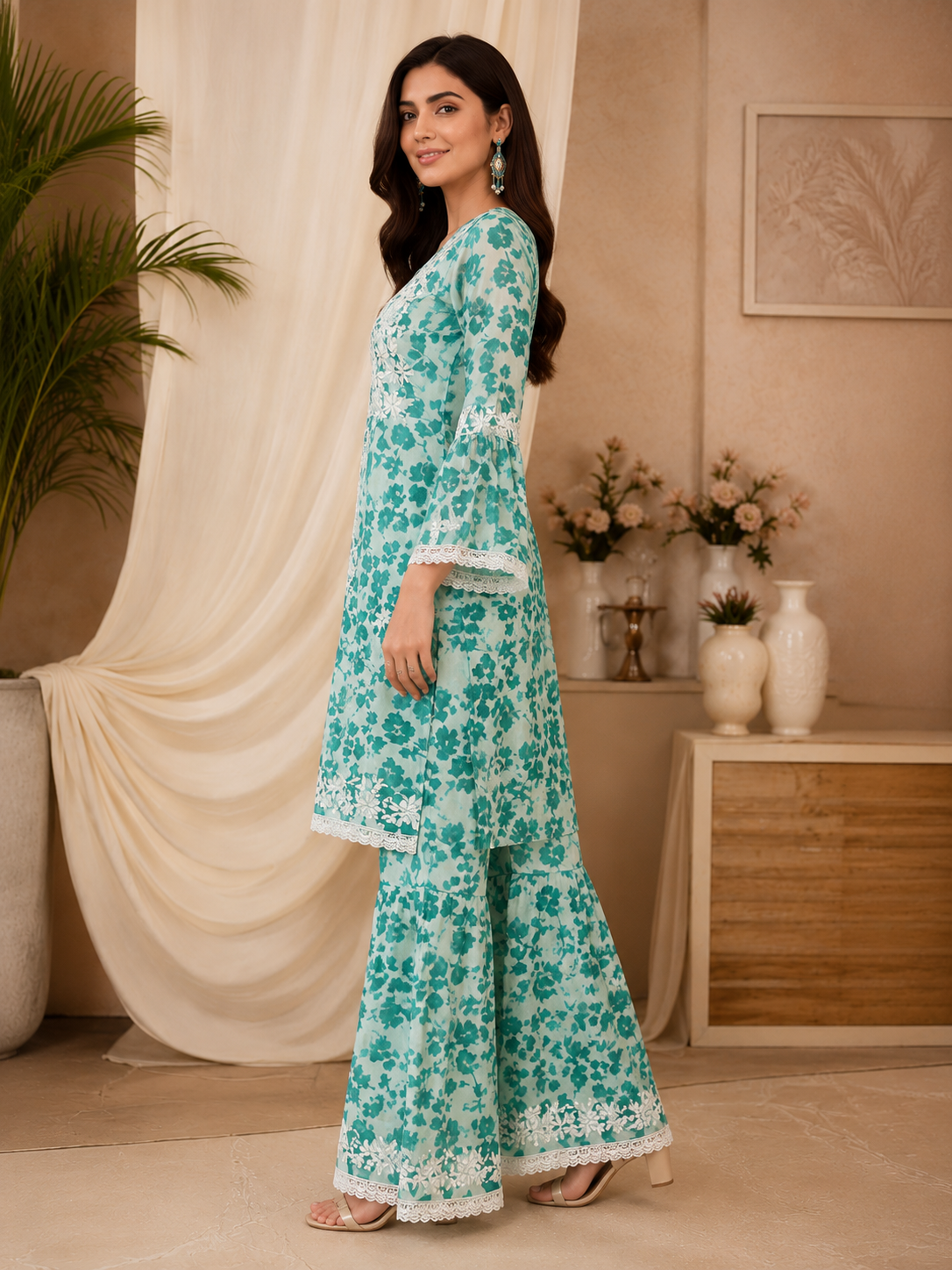 Premium Floral Printed Cotton Kurti Palazzo Set for Women | Elegant Embroidered Ethnic Ensemble