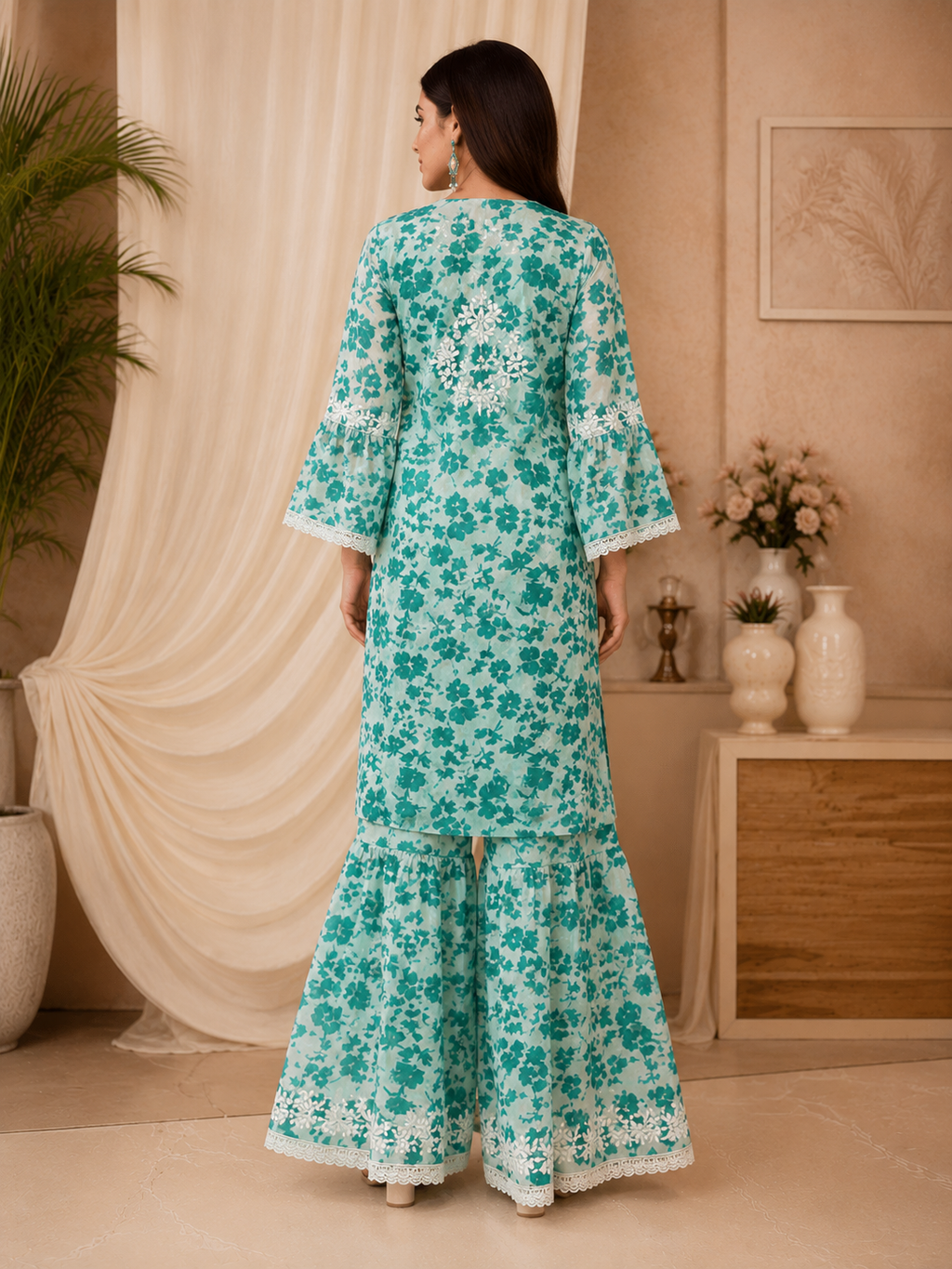 Premium Floral Printed Cotton Kurti Palazzo Set for Women | Elegant Embroidered Ethnic Ensemble