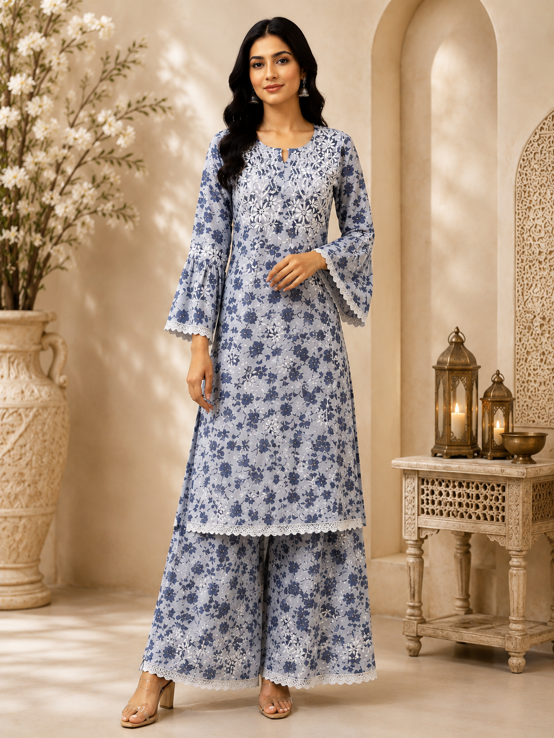 Premium Floral Printed Cotton Kurti Palazzo Set for Women | Elegant Embroidered Ethnic Ensemble