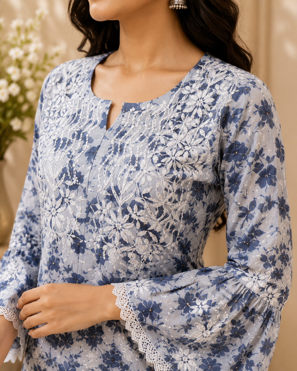 Premium Floral Printed Cotton Kurti Palazzo Set for Women | Elegant Embroidered Ethnic Ensemble