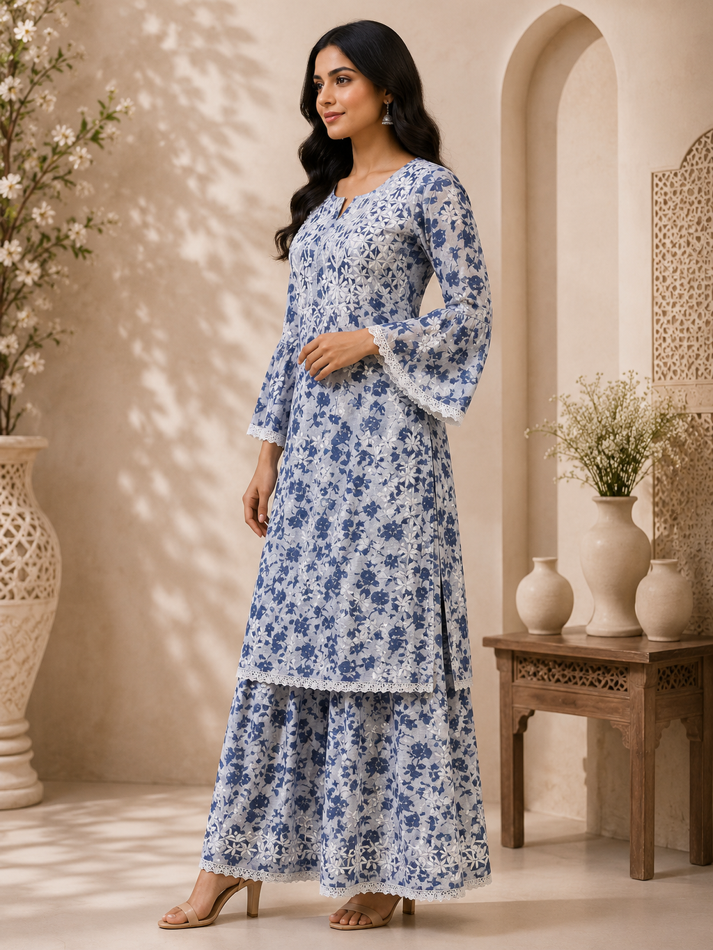 Premium Floral Printed Cotton Kurti Palazzo Set for Women | Elegant Embroidered Ethnic Ensemble