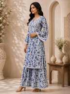 Premium Floral Printed Cotton Kurti Palazzo Set for Women | Elegant Embroidered Ethnic Ensemble