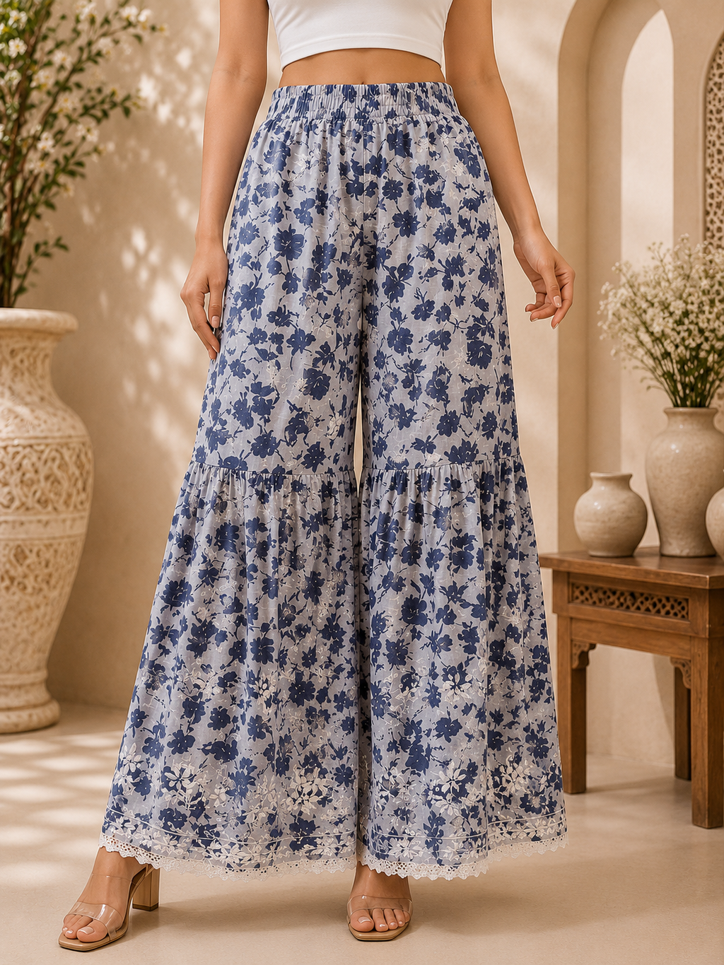 Premium Floral Printed Cotton Kurti Palazzo Set for Women | Elegant Embroidered Ethnic Ensemble