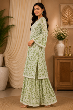 Premium Floral Printed Cotton Kurti Palazzo Set for Women | Elegant Embroidered Ethnic Ensemble