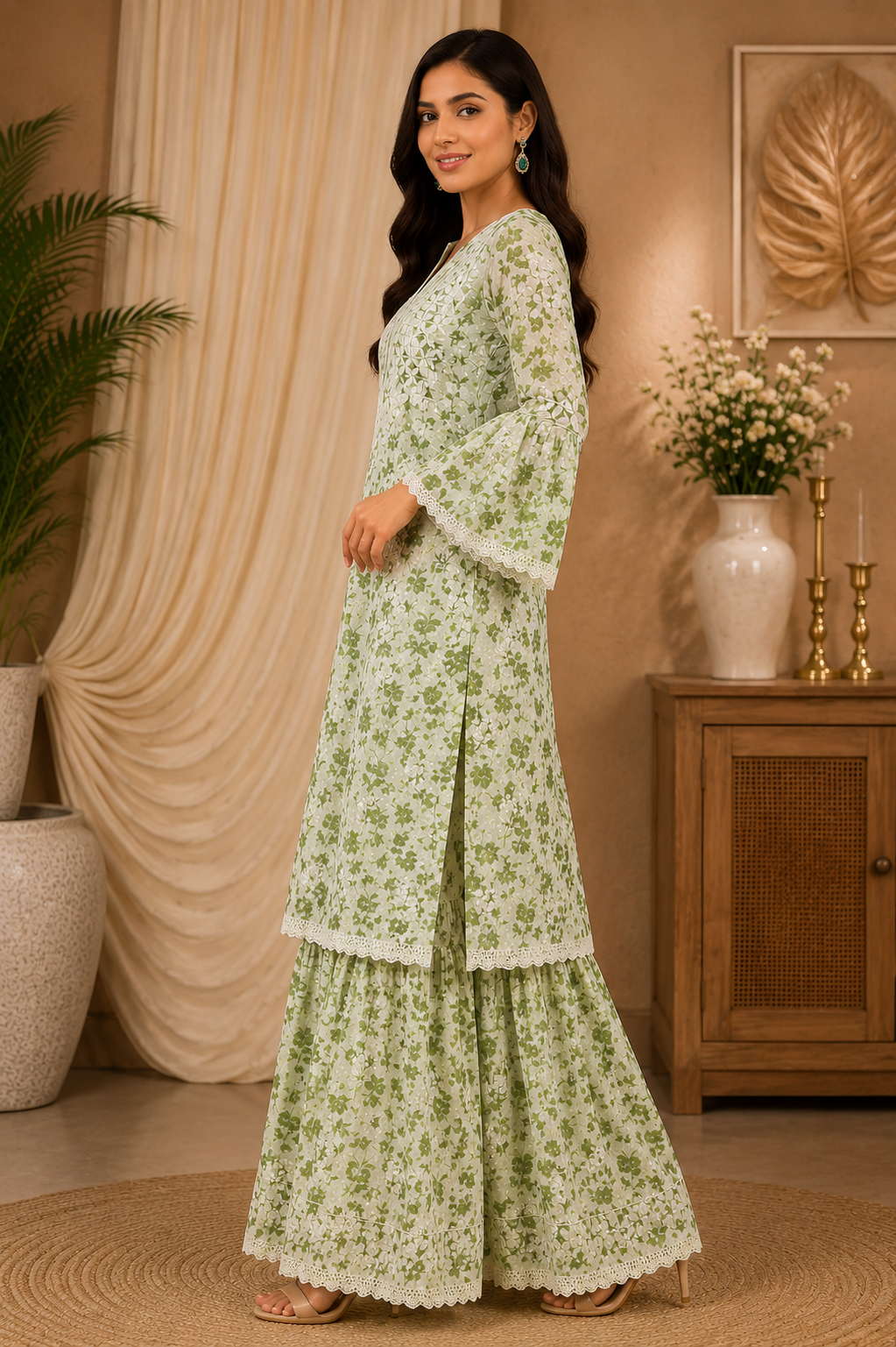 Premium Floral Printed Cotton Kurti Palazzo Set for Women | Elegant Embroidered Ethnic Ensemble