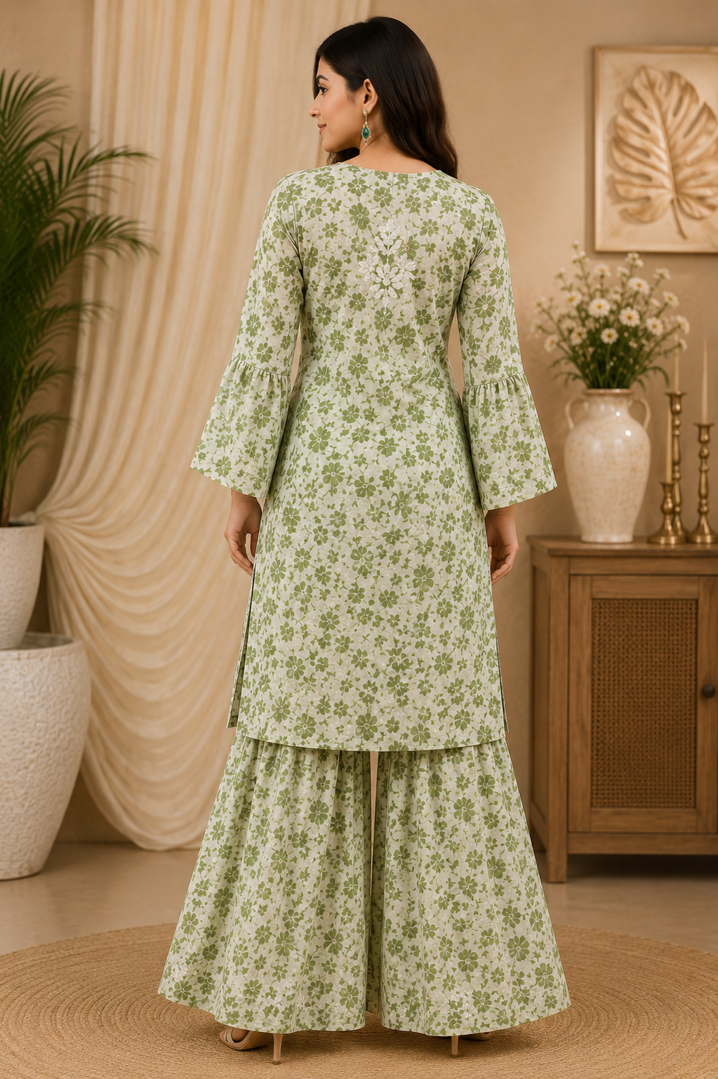 Premium Floral Printed Cotton Kurti Palazzo Set for Women | Elegant Embroidered Ethnic Ensemble