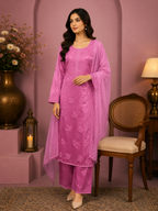 Luxury Satoron Muslin Chikankari Kurta Pant Dupatta Set for Women