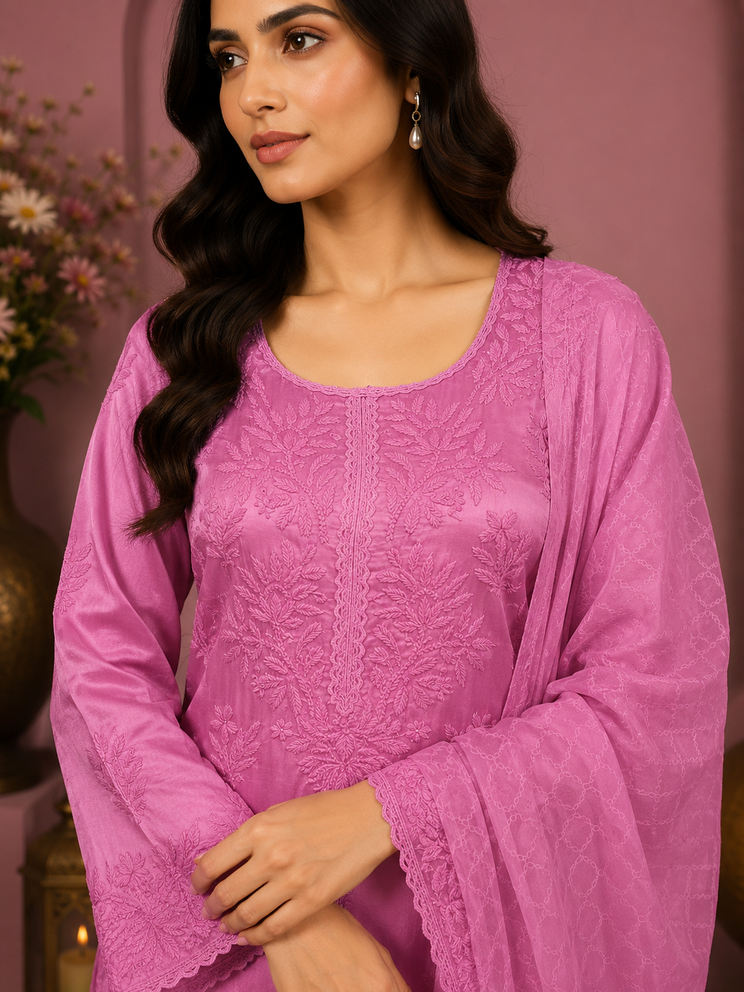Luxury Satoron Muslin Chikankari Kurta Pant Dupatta Set for Women