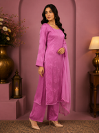 Luxury Satoron Muslin Chikankari Kurta Pant Dupatta Set for Women