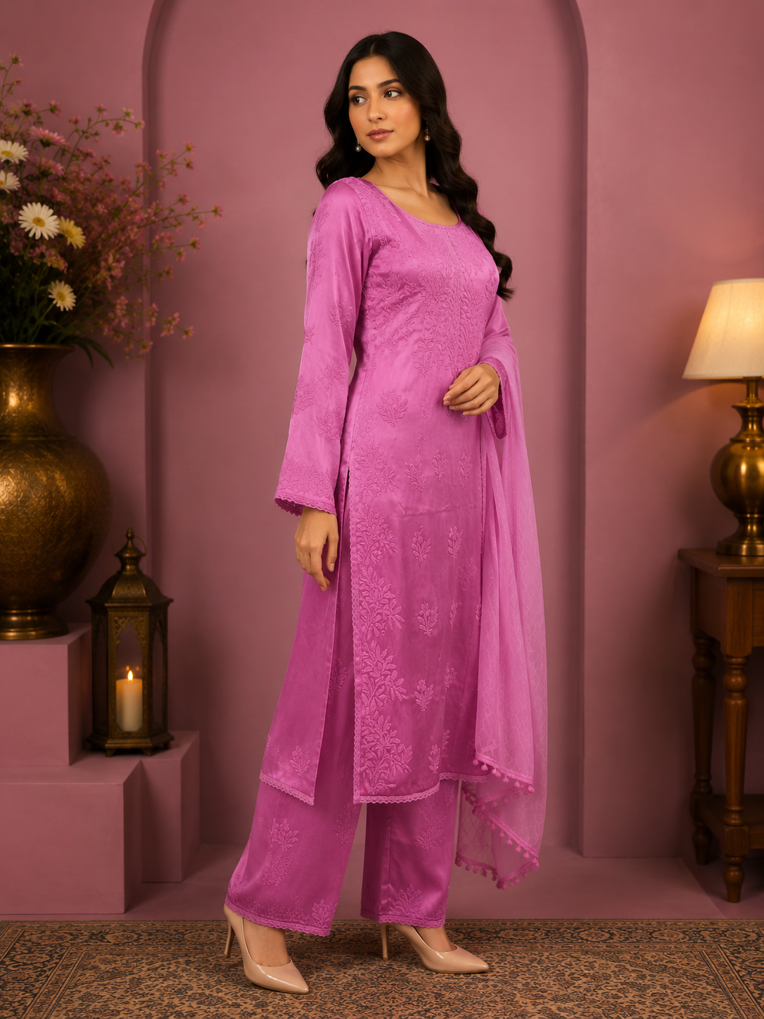 Luxury Satoron Muslin Chikankari Kurta Pant Dupatta Set for Women