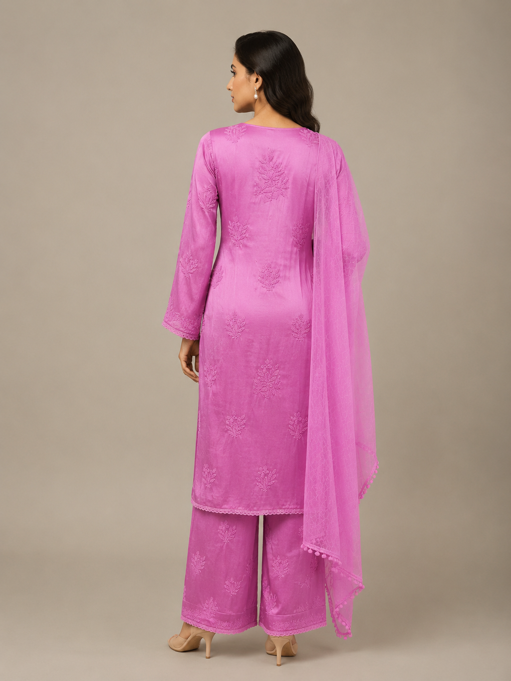 Luxury Satoron Muslin Chikankari Kurta Pant Dupatta Set for Women