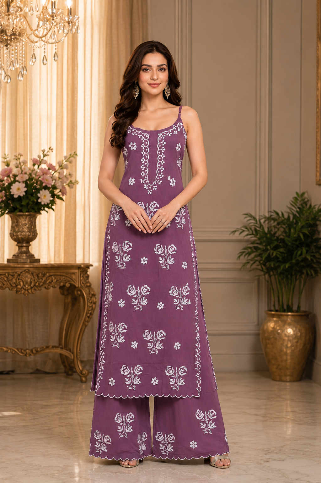 Premium Modal Chikankari Strap Kurta Palazzo Set for Women | Handcrafted Embroidered Co-Ord Set