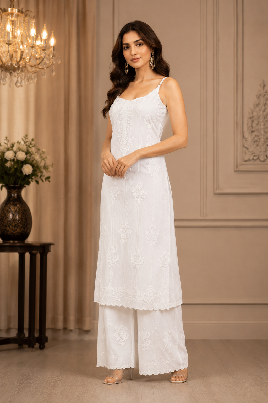 Premium Modal Chikankari Strap Kurta Palazzo Set for Women | Handcrafted Embroidered Co-Ord Set