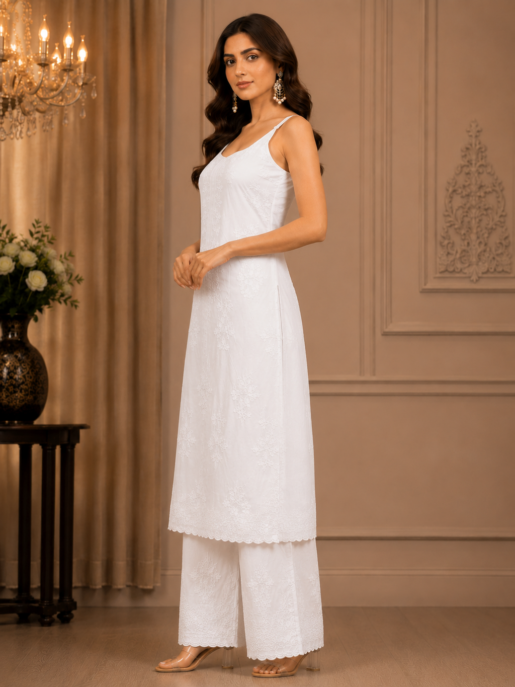 Premium Modal Chikankari Strap Kurta Palazzo Set for Women | Handcrafted Embroidered Co-Ord Set