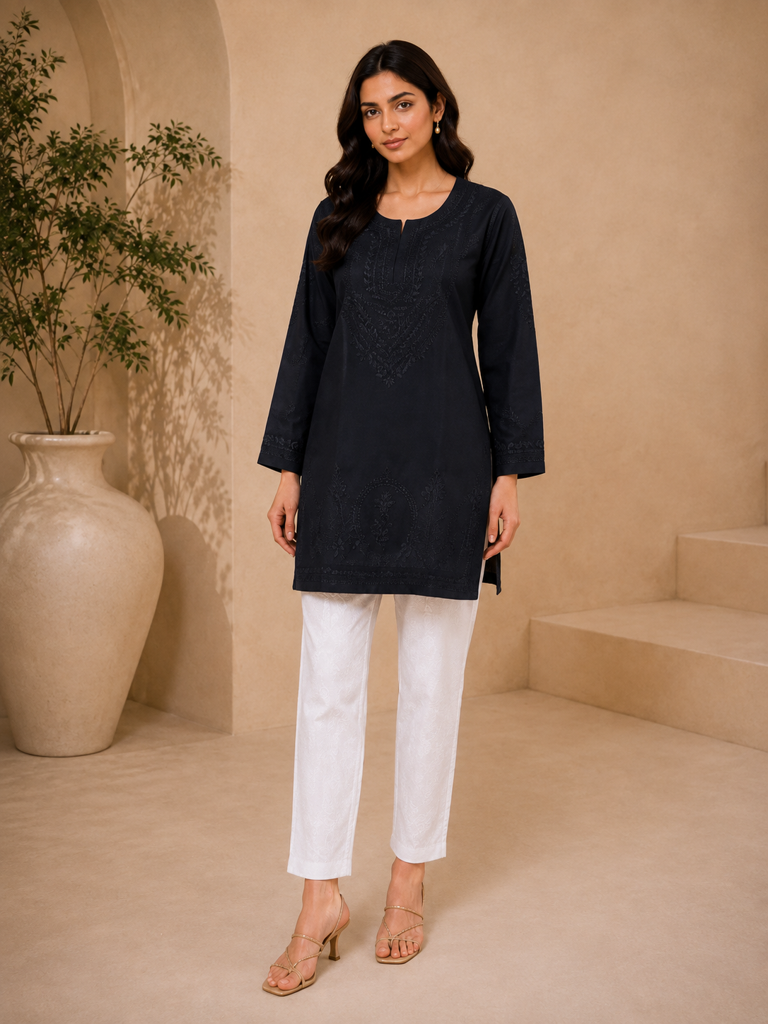 Black Modal Kurti with Tone-on-Tone Thread Handwork | Luxury Women’s Ethnic Wear