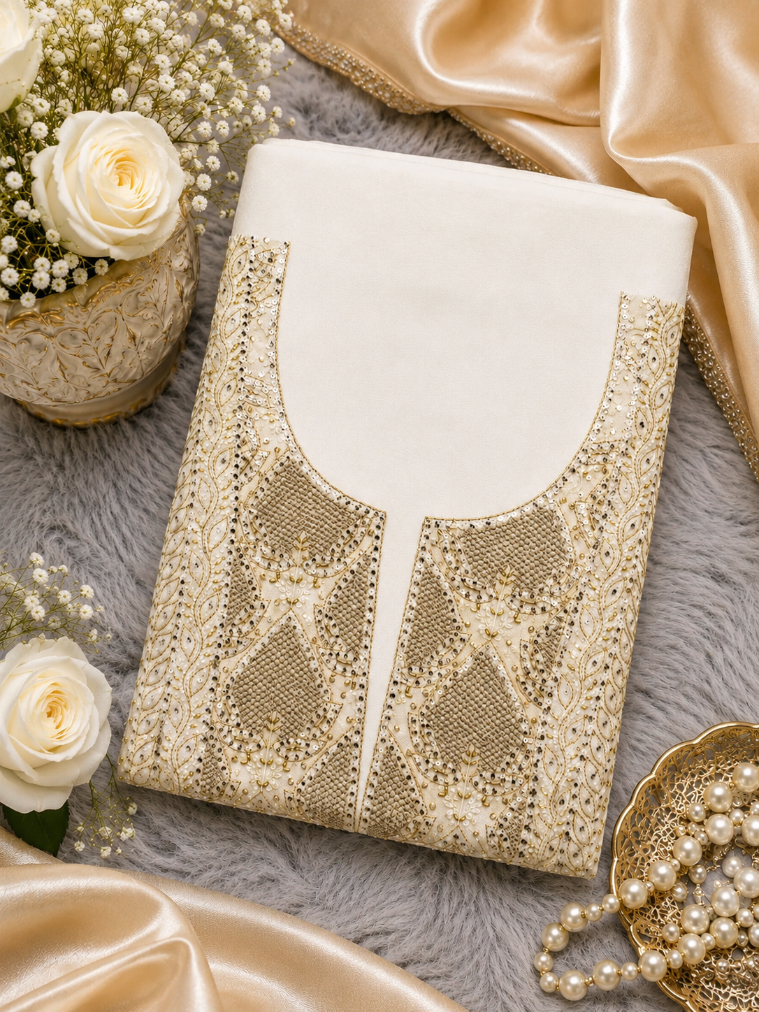Luxury White Muslin Aari Zardozi & Mukesh Work Unstitched Suit | Premium Handcrafted Festive Collection