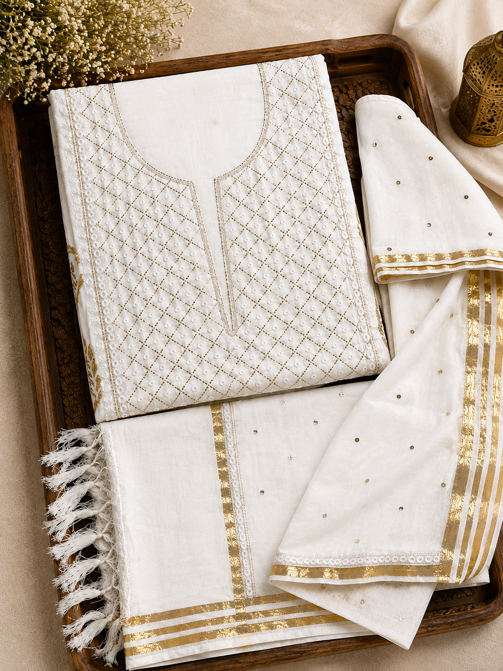 Premium Ivory Mul Chanderi Embroidered Kurta Dupatta Set for Women