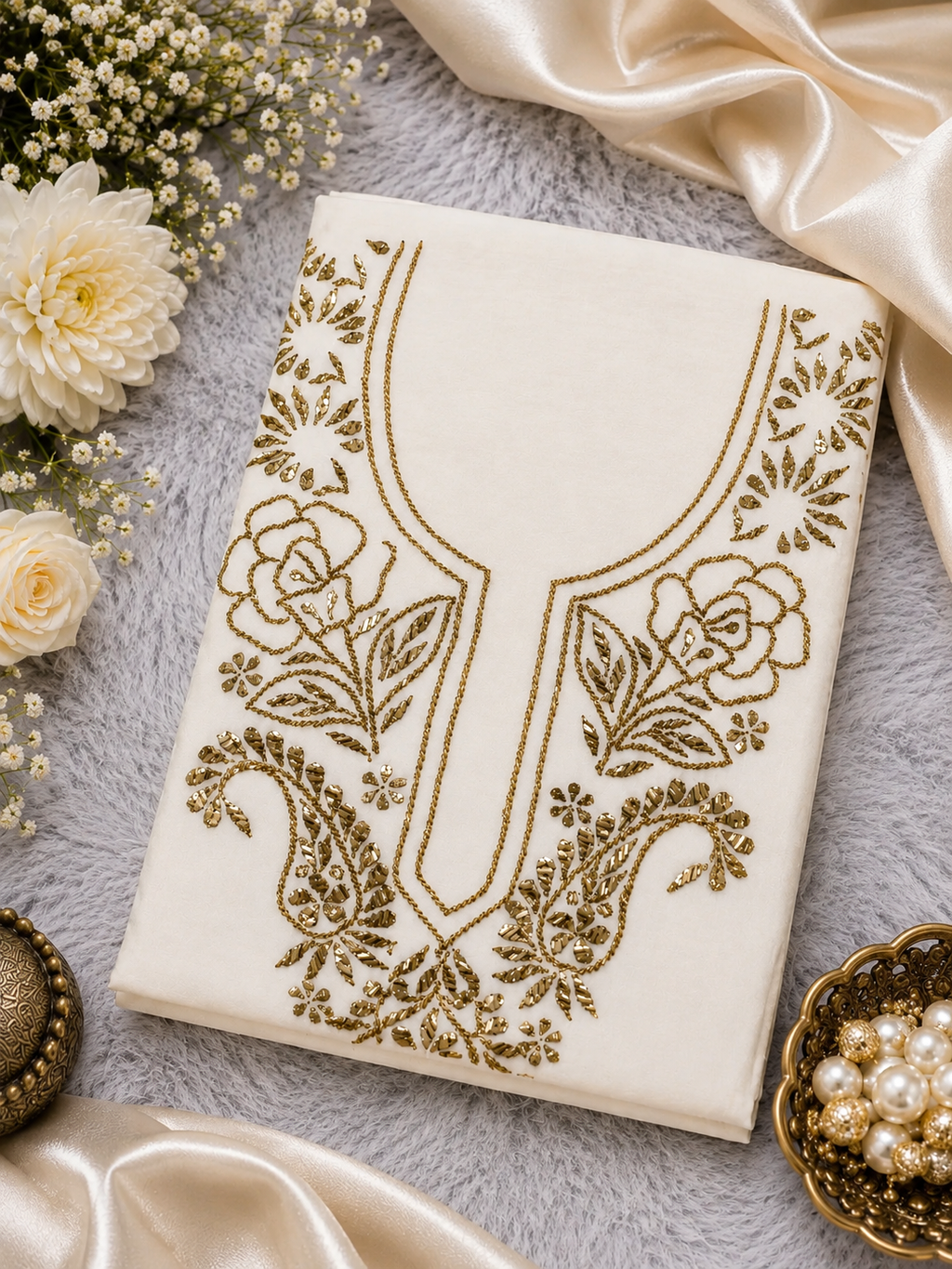 Royal Ivory Muslin Premium Handwork Unstitched Suit with Mukesh Work | Luxury Festive Collection