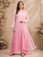 Premium Pink Muslin Embroidered Suit Set with Dupatta | Floral Thread & Sequin Work