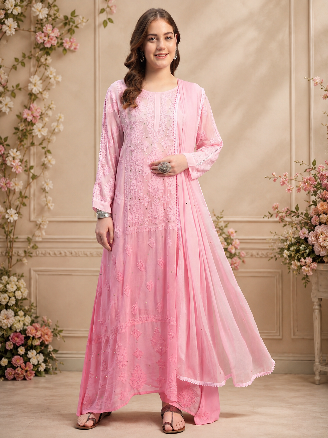 Premium Pink Muslin Embroidered Suit Set with Dupatta | Floral Thread & Sequin Work