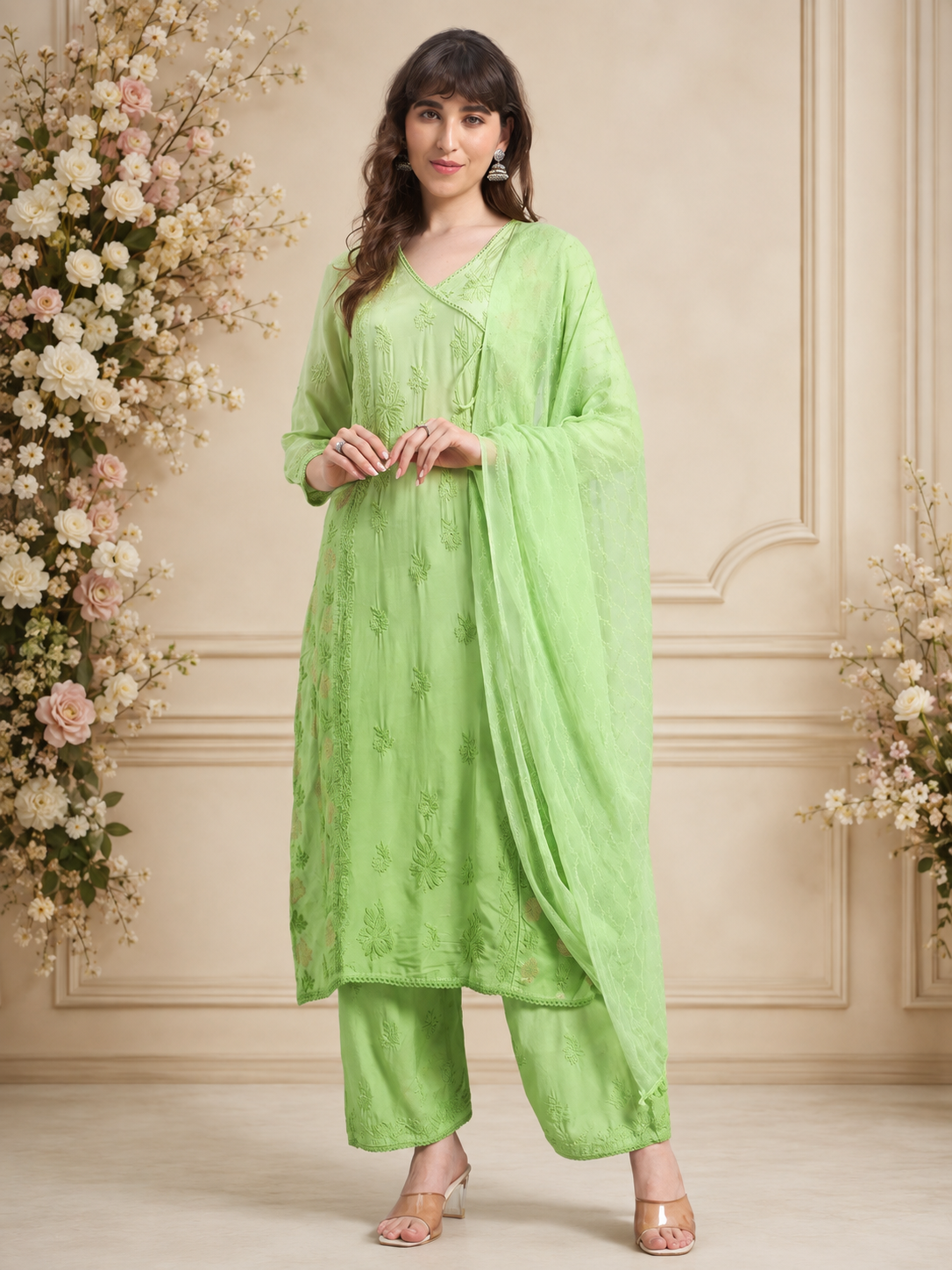 Luxury Muslin Chikankari Anarkha Suit with Dupatta for Women | Premium Lucknowi Handcrafted Elegance