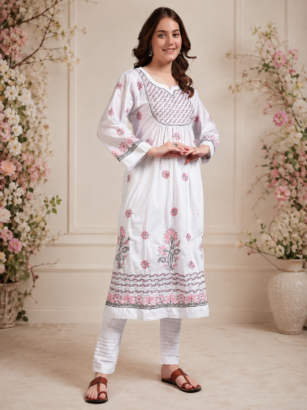 Ivory Bloom Cotton Chikankari A-Line Kurti for Women | Lucknowi Hand Embroidery