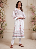 Ivory Bloom Cotton Chikankari A-Line Kurti for Women | Lucknowi Hand Embroidery