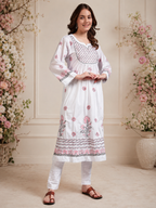 Ivory Bloom Cotton Chikankari A-Line Kurti for Women | Lucknowi Hand Embroidery