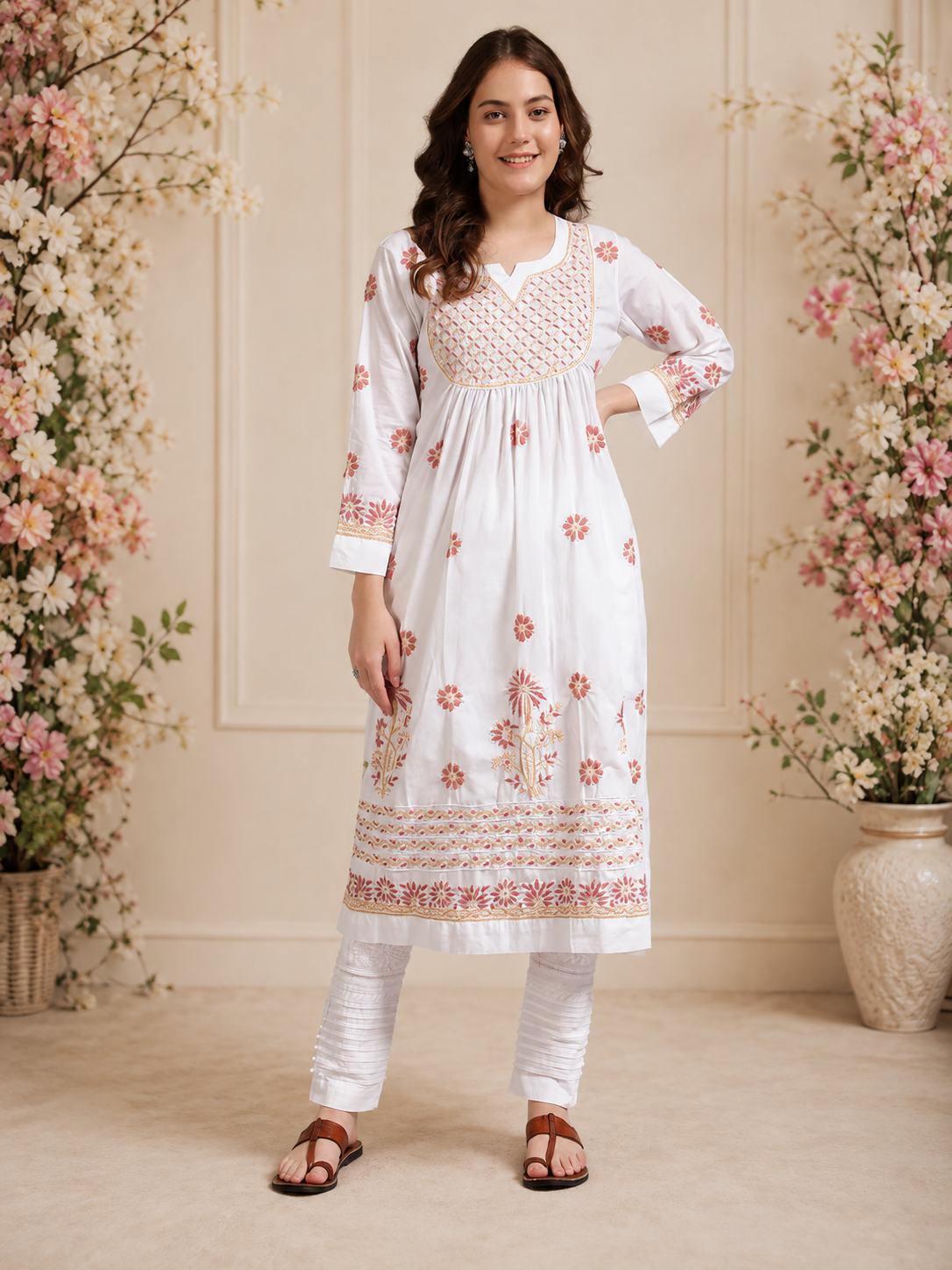 Ivory Bloom Cotton Chikankari A-Line Kurti for Women | Lucknowi Hand Embroidery